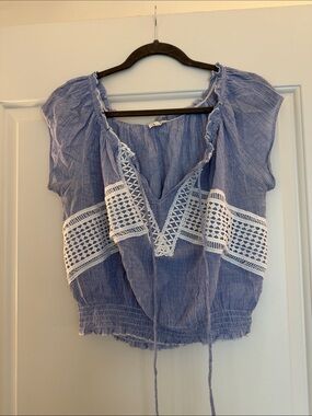 Women's Blue Crochet Trim Peasant Top off the shoulder